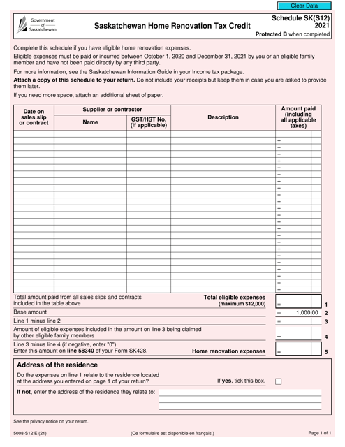 Form 5008-S12 Schedule SK(S12) Saskatchewan Home Renovation Tax Credit - Saskatchewan, Canada, 2021