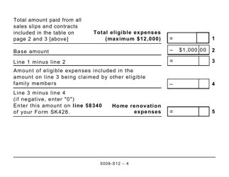 Form 5008-S12 Schedule SK(S12) Saskatchewan Home Renovation Tax Credit (Large Print) - Canada, Page 4