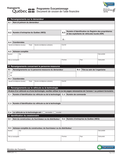 Forme V-3014 Document De Cession De L'aide Financiere - Programme Ecocamionnage - Quebec, Canada (French)