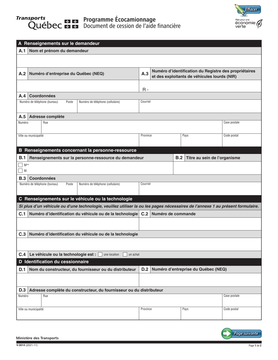 Forme V-3014 Document De Cession De Laide Financiere - Programme Ecocamionnage - Quebec, Canada (French), Page 1