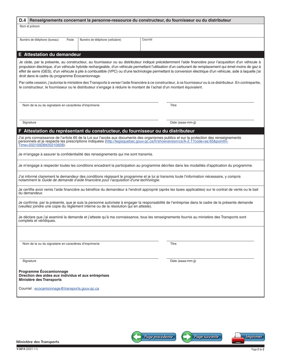 Forme V-3014 Document De Cession De Laide Financiere - Programme Ecocamionnage - Quebec, Canada (French), Page 2