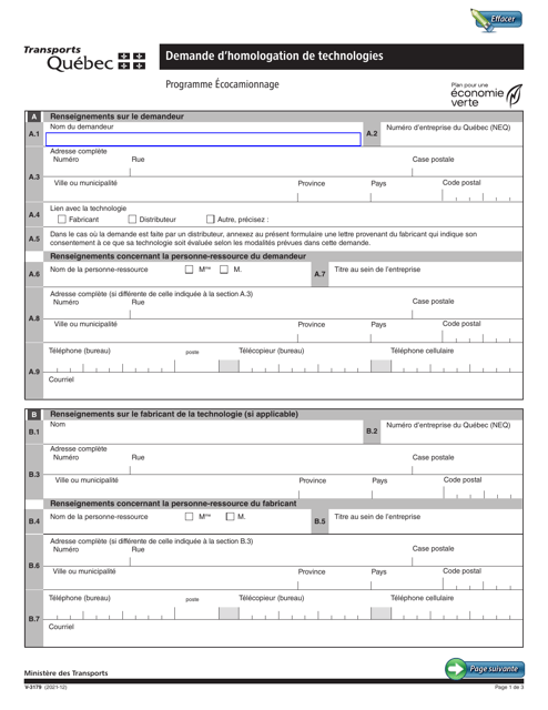 Forme V-3179 Demande D&#039;homologation De Technologies - Programme Ecocamionnage - Quebec, Canada (French)