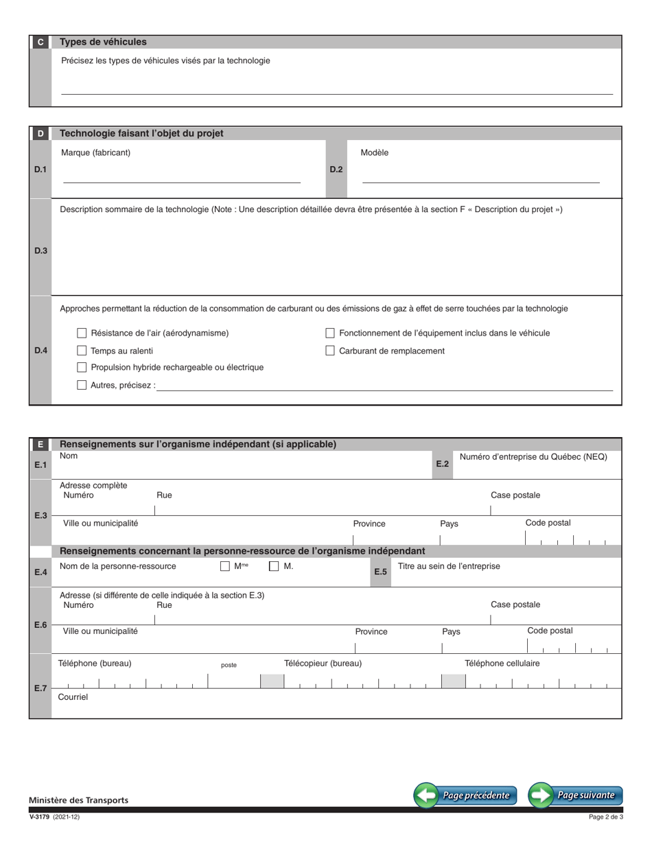 Forme V-3179 Demande Dhomologation De Technologies - Programme Ecocamionnage - Quebec, Canada (French), Page 2