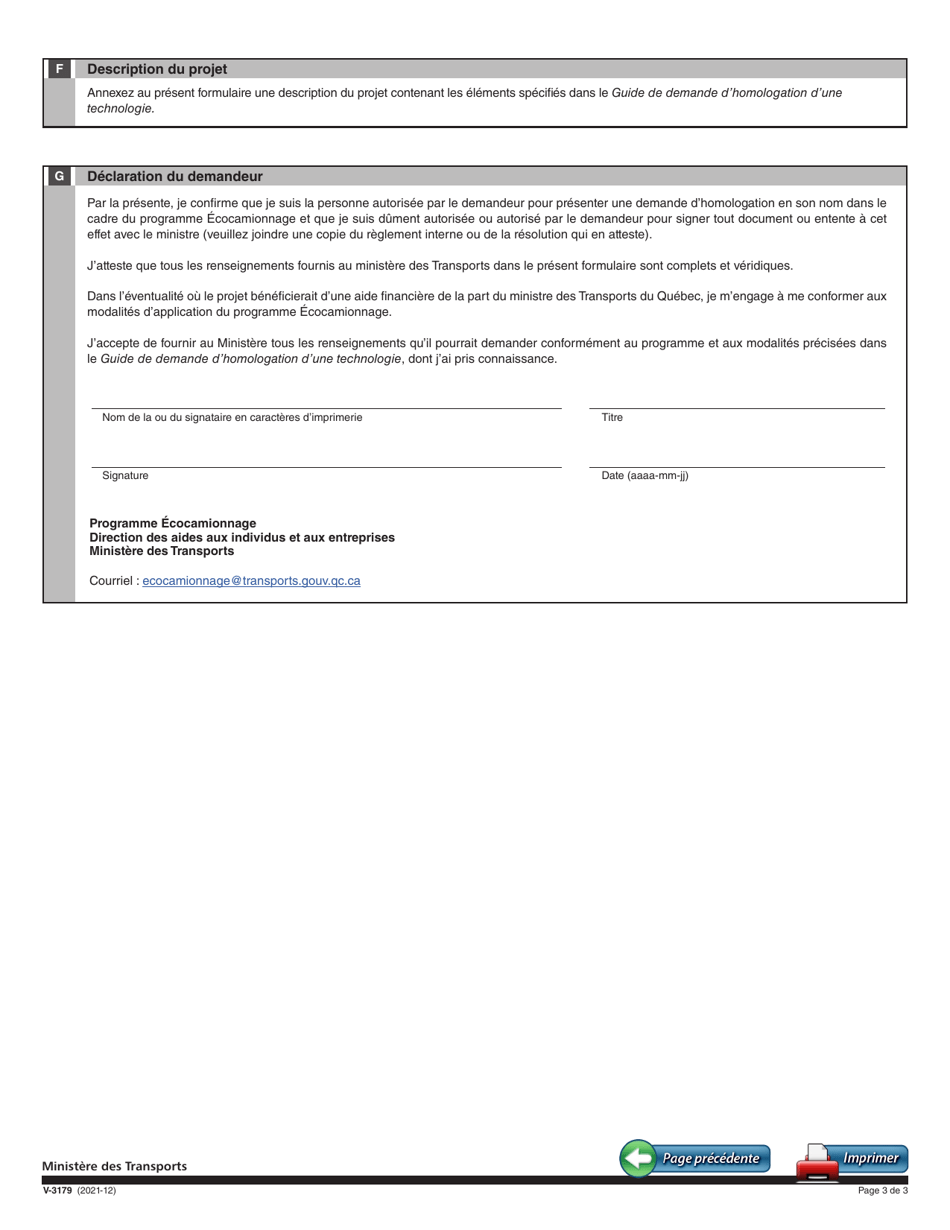 Forme V-3179 Demande Dhomologation De Technologies - Programme Ecocamionnage - Quebec, Canada (French), Page 3