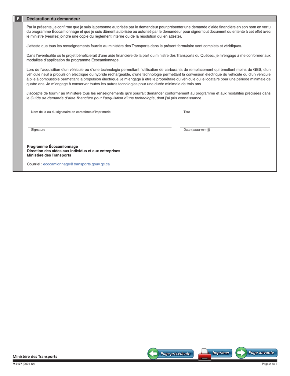 Forme V-3177 Demande Daide Financiere Pour Lacquisition Dune Technologie - Programme Ecocamionnage - Quebec, Canada (French), Page 3