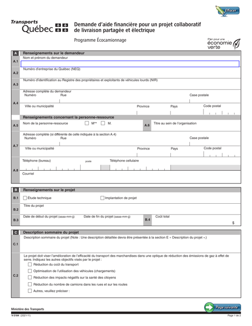 Forme V-3184 Demande D'aide Financiere Pour Un Projet Collaboratif De Livraison Partagee Et Electrique - Programme Ecocamionnage - Quebec, Canada (French)