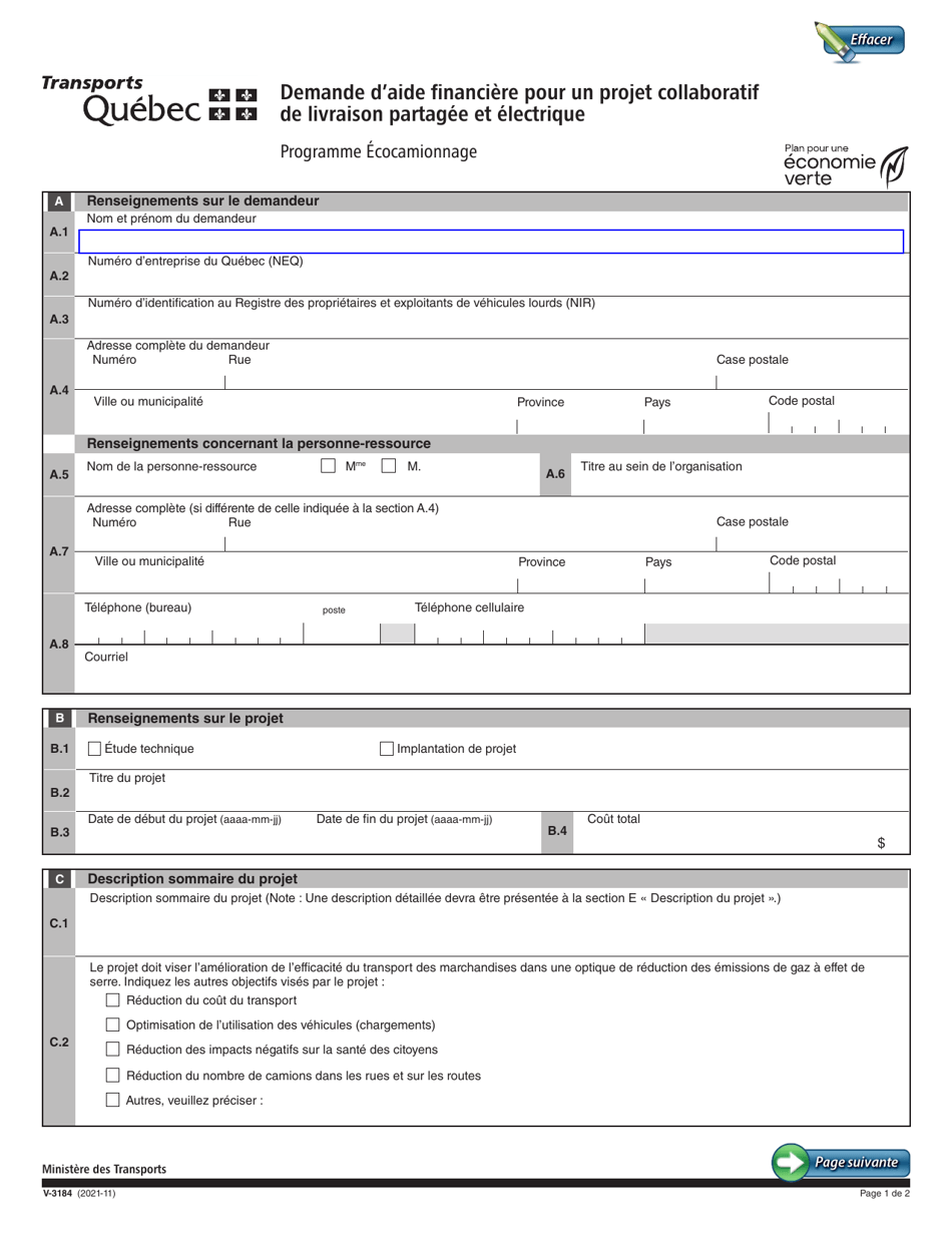 Forme V-3184 Demande Daide Financiere Pour Un Projet Collaboratif De Livraison Partagee Et Electrique - Programme Ecocamionnage - Quebec, Canada (French), Page 1