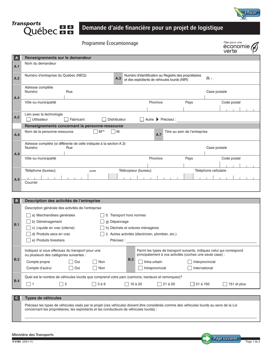 Forme V-3180 Demande Daide Financiere Pour Un Projet De Logistique - Programme Ecocamionnage - Quebec, Canada (French), Page 1