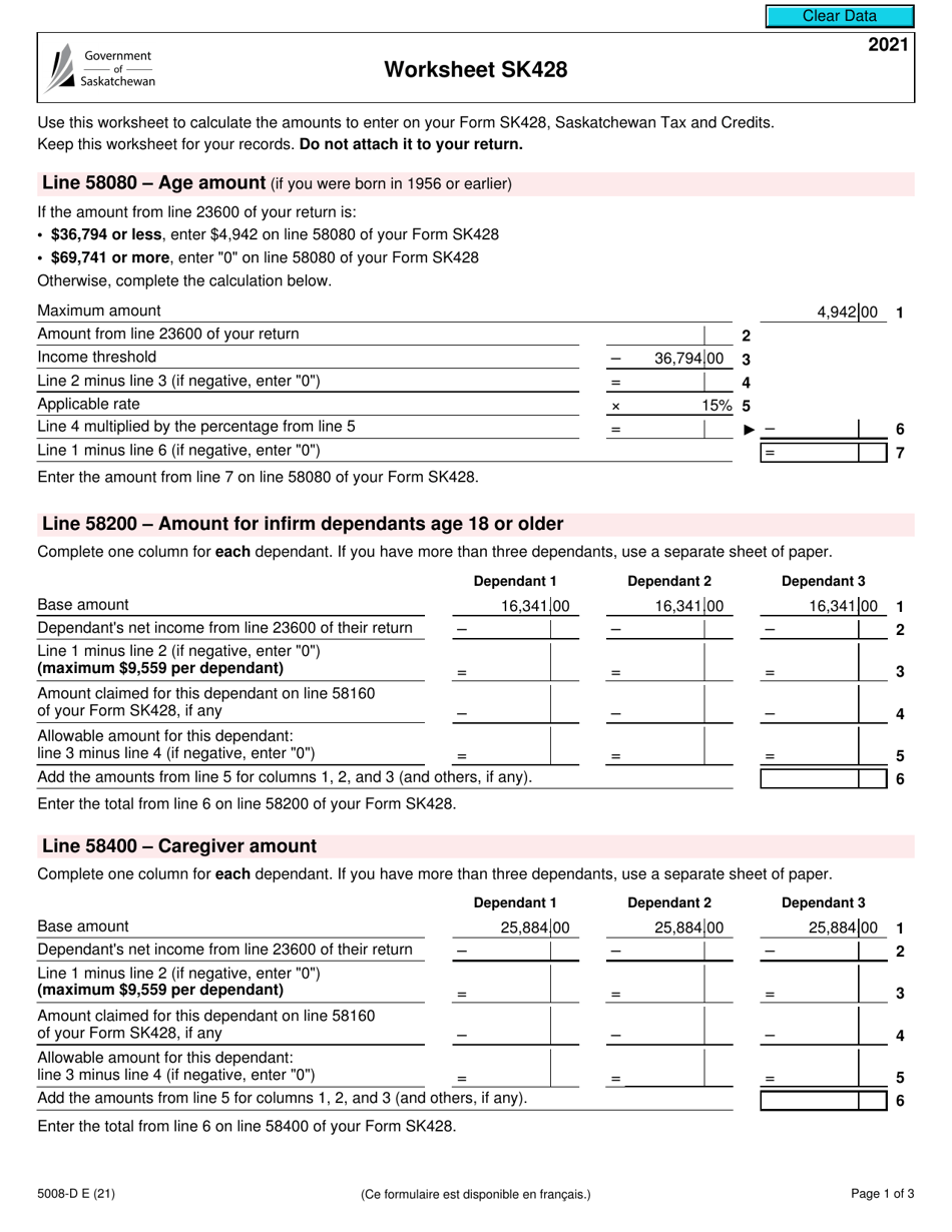 Form 5008-D Worksheet SK428 Saskatchewan - Canada, Page 1