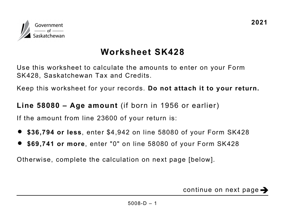 Form 5008-D Worksheet SK428 Saskatchewan Tax (Large Print) - Canada, Page 1
