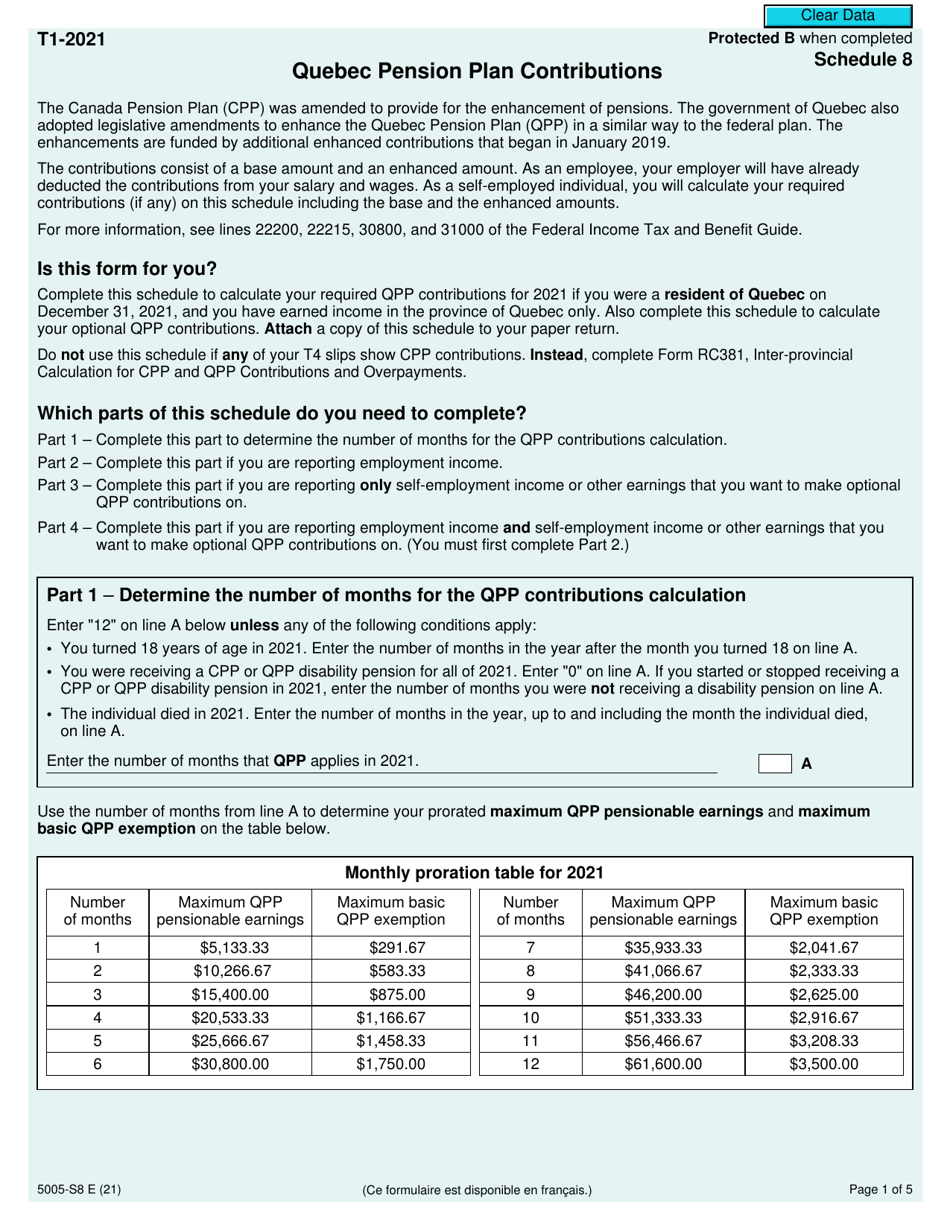 Form 5005-S8 Schedule 8 Quebec Pension Plan Contributions - Canada, Page 1