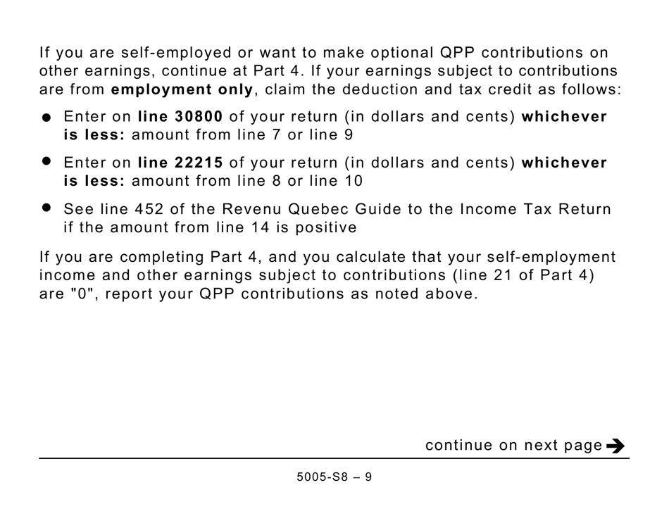Form 5005-S8 Schedule 8 Quebec Pension Plan Contributions (Large Print) - Canada, Page 9
