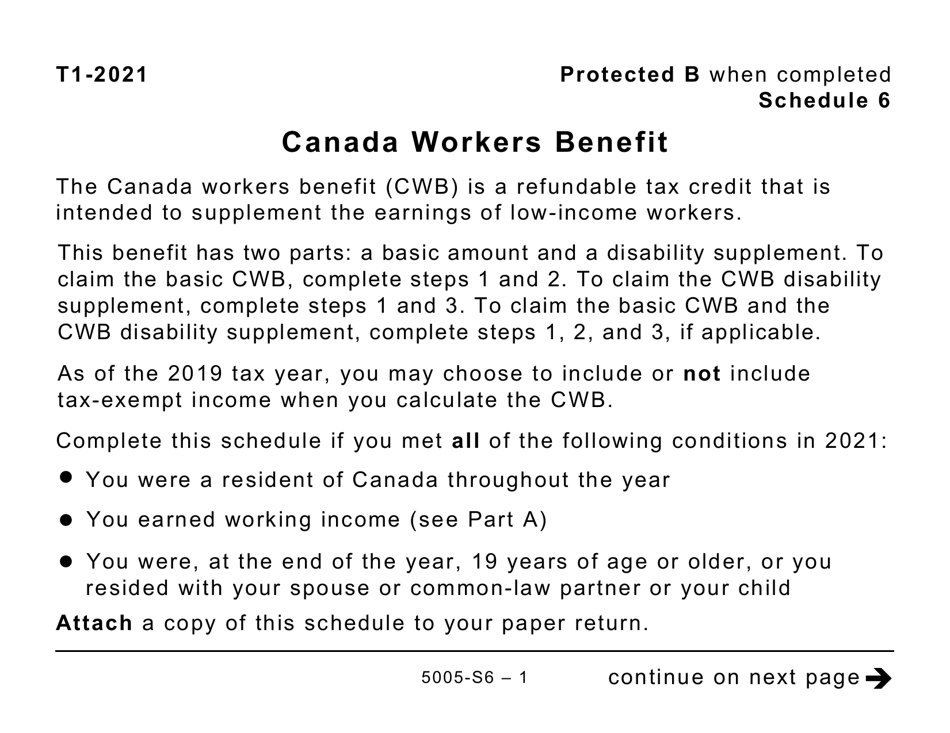 Form 5005-S6 Schedule 6 Canada Workers Benefit - Quebec (Large Print) - Canada, Page 1