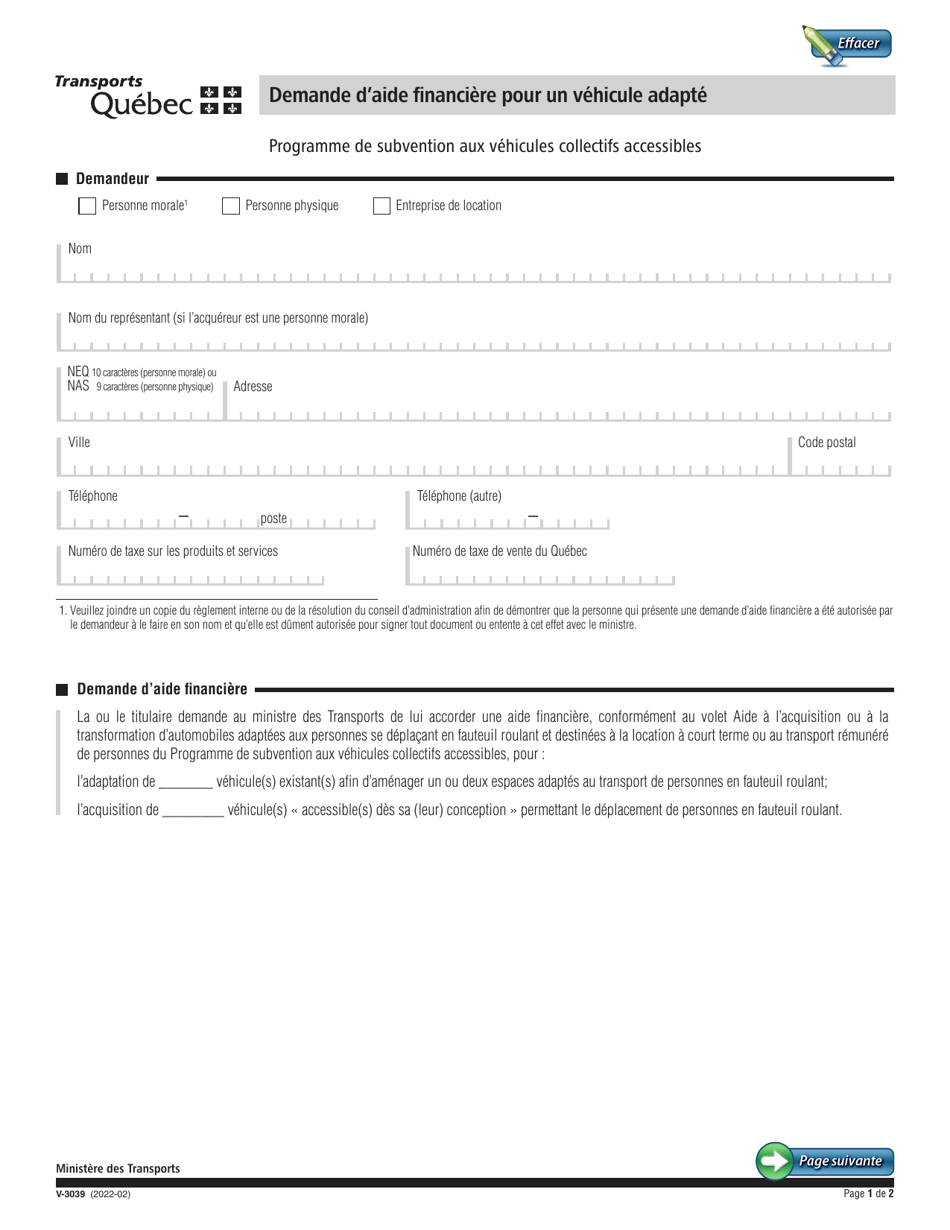 Forme V-3039 Demande Daide Financiere Pour Un Vehicule Adapte - Quebec, Canada (French), Page 1
