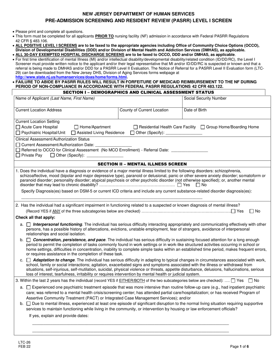 Form LTC-26 Pre-admission Screening and Resident Review (Pasrr) Level I Screen - New Jersey, Page 1