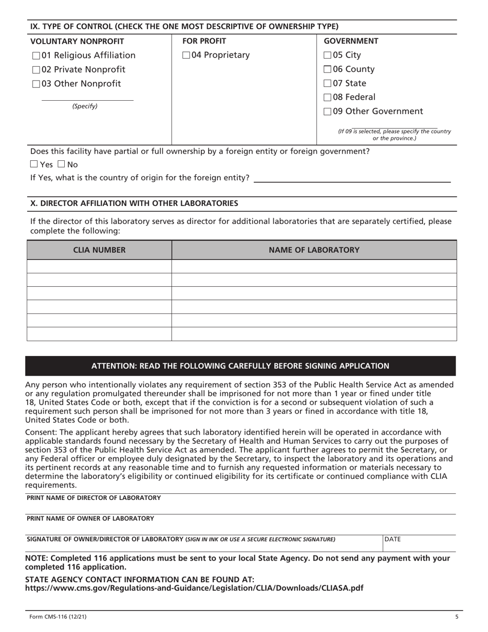 Form CMS-116 Clinical Laboratory Improvement Amendments (Clia) Application for Certification, Page 5
