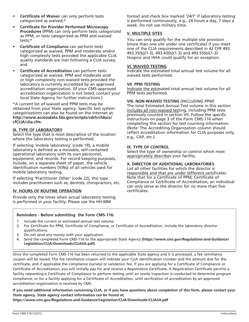 Form CMS-116 Clinical Laboratory Improvement Amendments (Clia) Application for Certification, Page 7