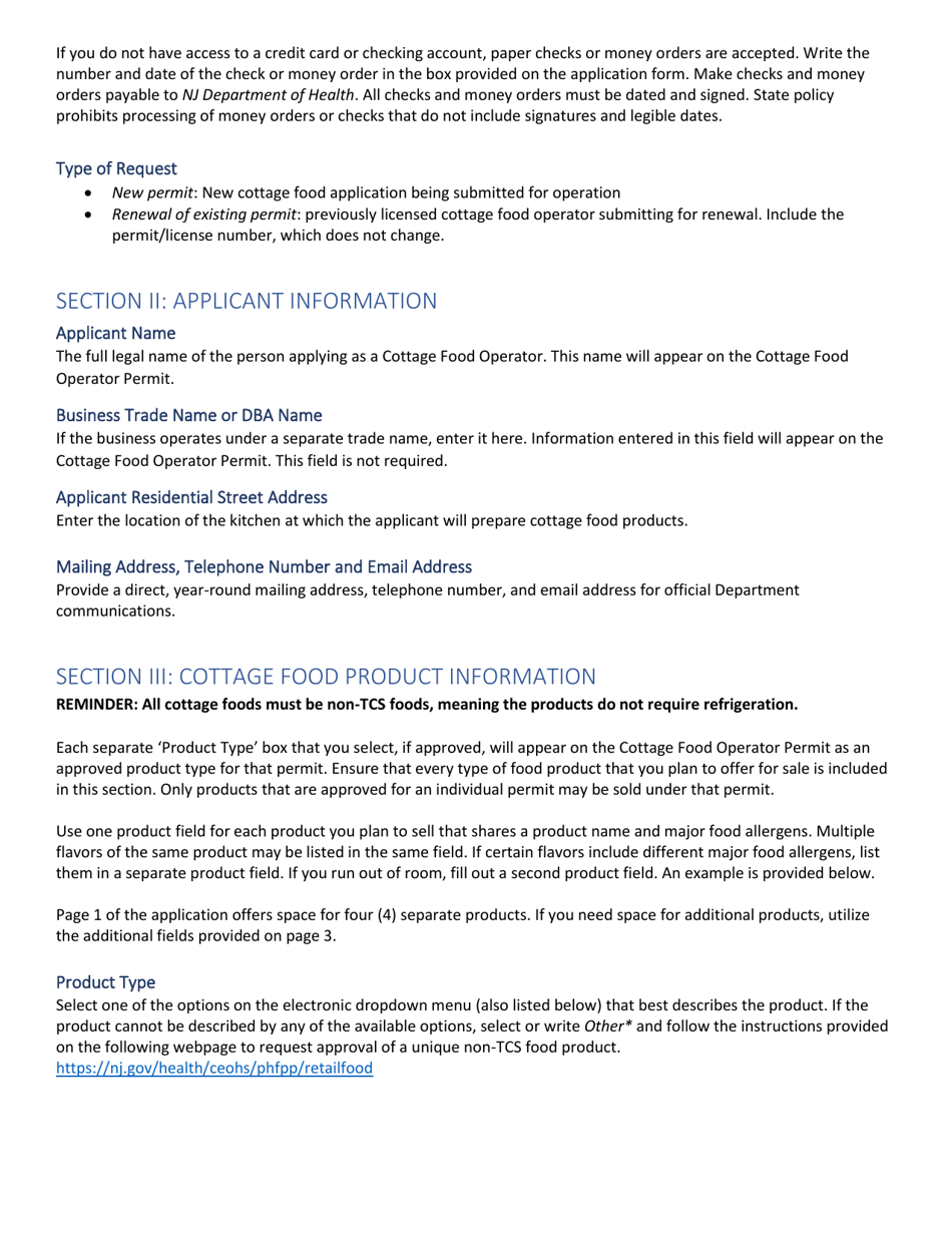Instructions for Form CFO-1 Application for Cottage Food Operator Permit - New Jersey, Page 2