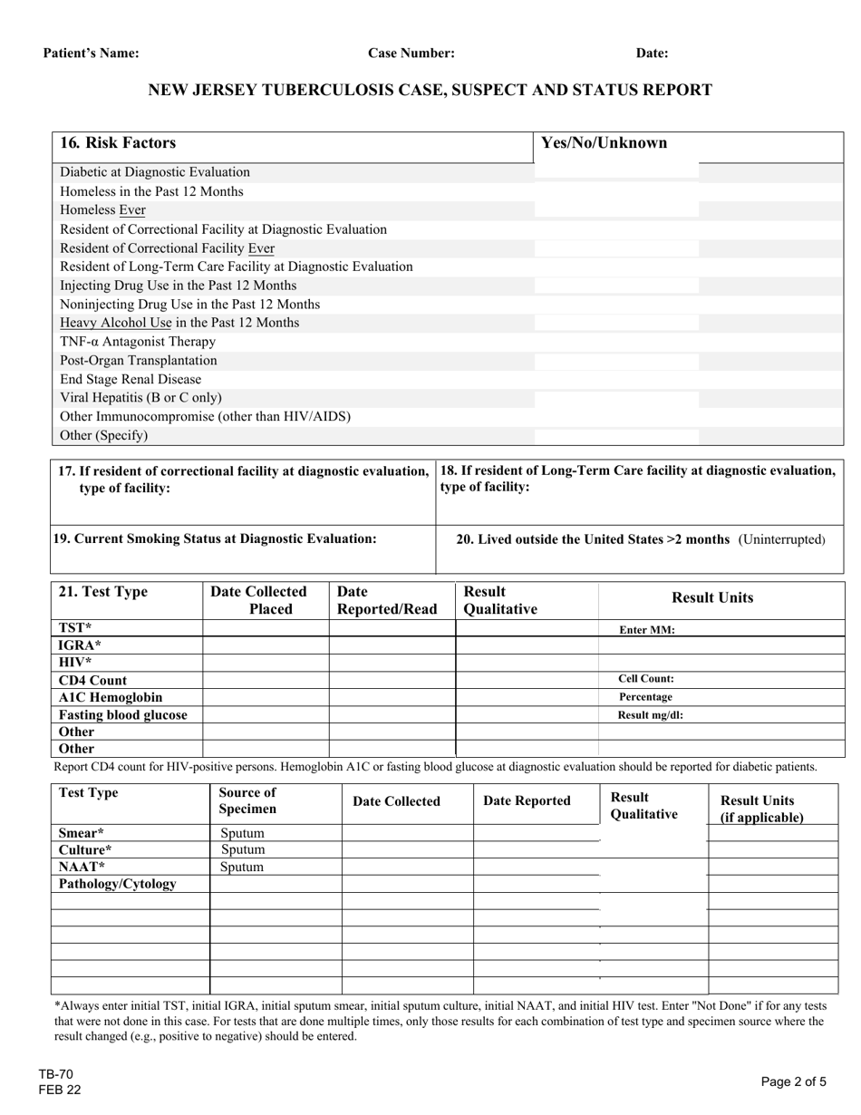 Form TB-70 Download Fillable PDF or Fill Online New Jersey Tuberculosis ...