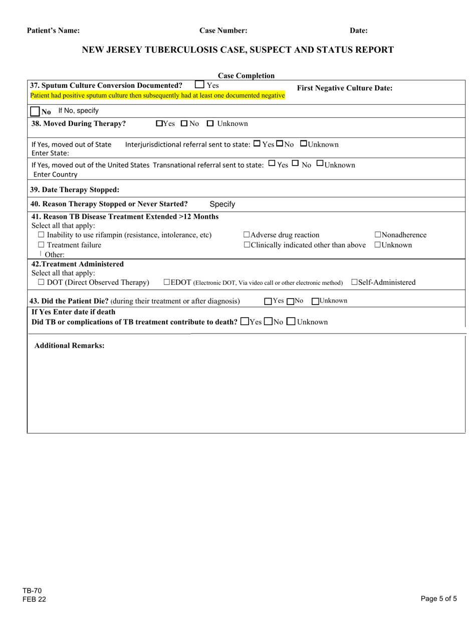 Form TB-70 New Jersey Tuberculosis Case, Suspect and Status Report - New Jersey, Page 5