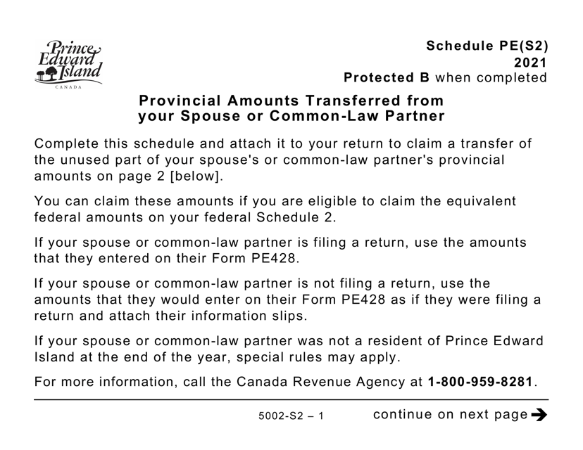 Form 5002-S2 Schedule PE(S2) Provincial Amounts Transferred From Your Spouse or Common-Law Partner (Large Print) - Canada, 2021