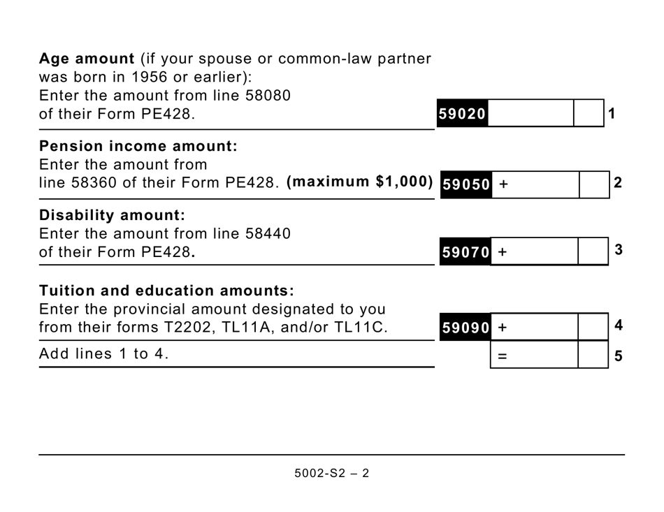 Form 5002-S2 Schedule PE(S2) Provincial Amounts Transferred From Your Spouse or Common-Law Partner (Large Print) - Canada, Page 2