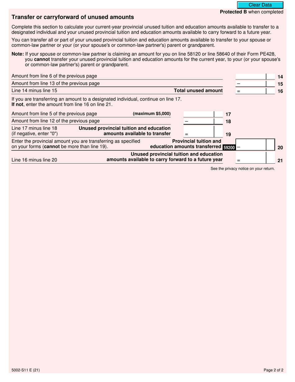 Form 5002-S11 Schedule PE(S11) Prince Edward Island Tuition and Education Amounts - Canada, Page 2
