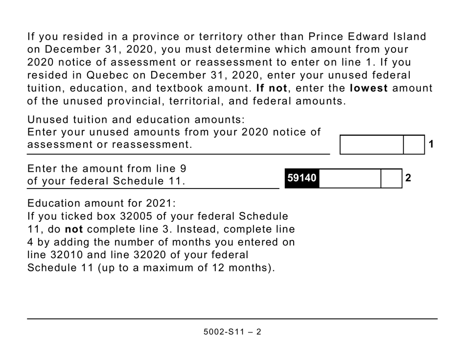 Form 5002-S11 Schedule PE(S11) Prince Edward Island Tuition and Education Amounts (Large Print) - Canada, Page 2