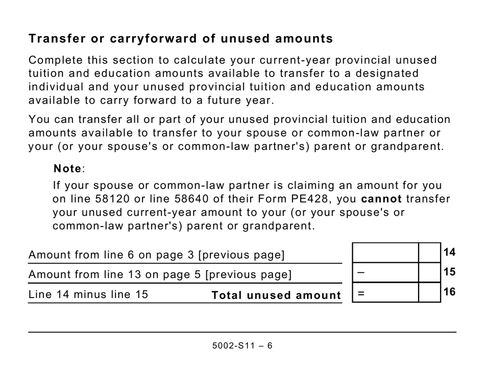 Form 5002-S11 Schedule PE(S11) Prince Edward Island Tuition and Education Amounts (Large Print) - Canada, Page 6