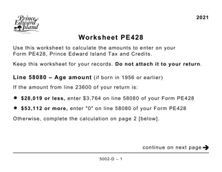 Document preview: Form 5002-D Worksheet PE428 Prince Edward Island (Large Print) - Canada, 2021