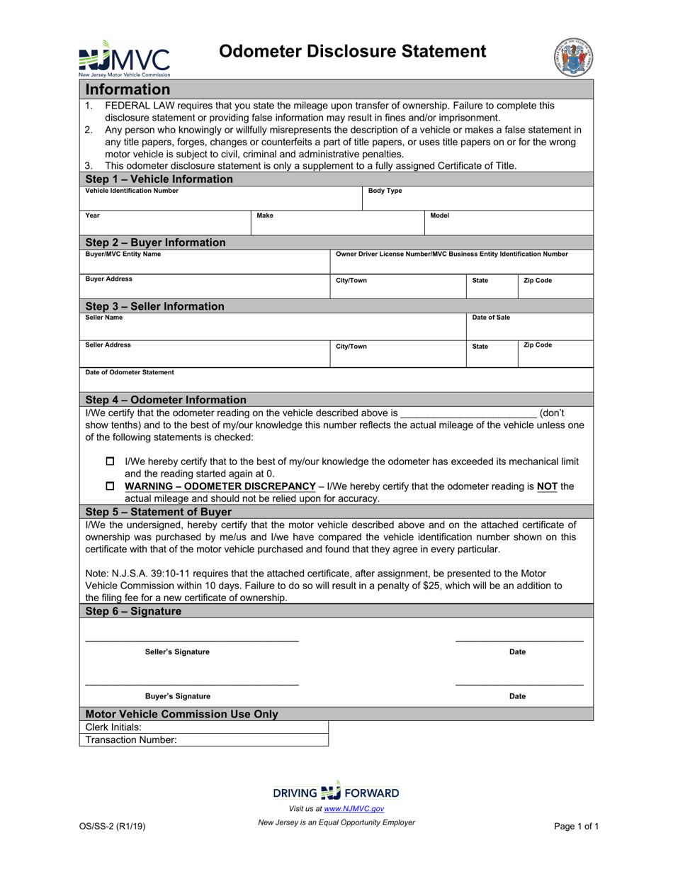 Form OS / SS-2 Odometer Disclosure Statement - New Jersey, Page 1