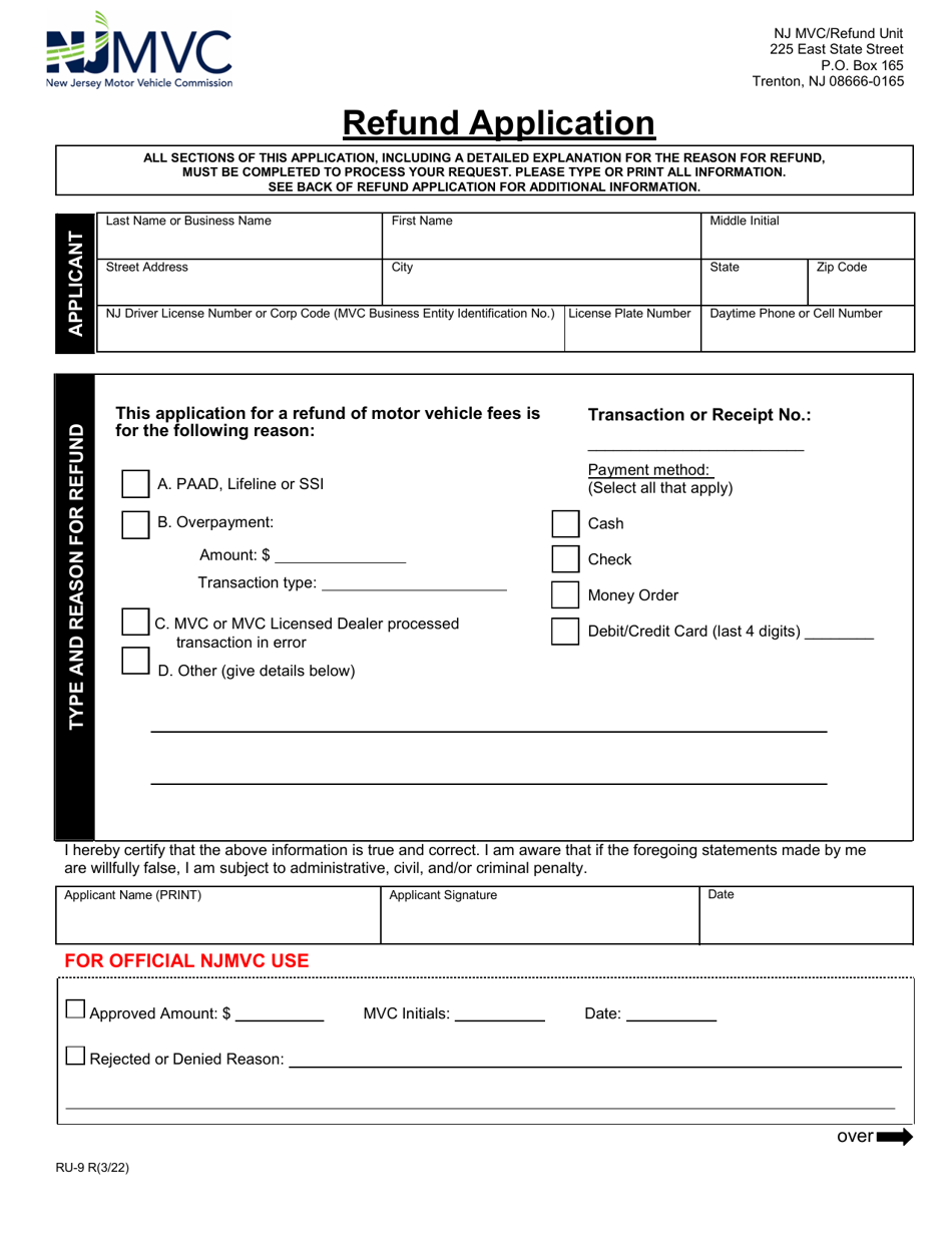 Form RU-9 Refund Application - New Jersey, Page 1