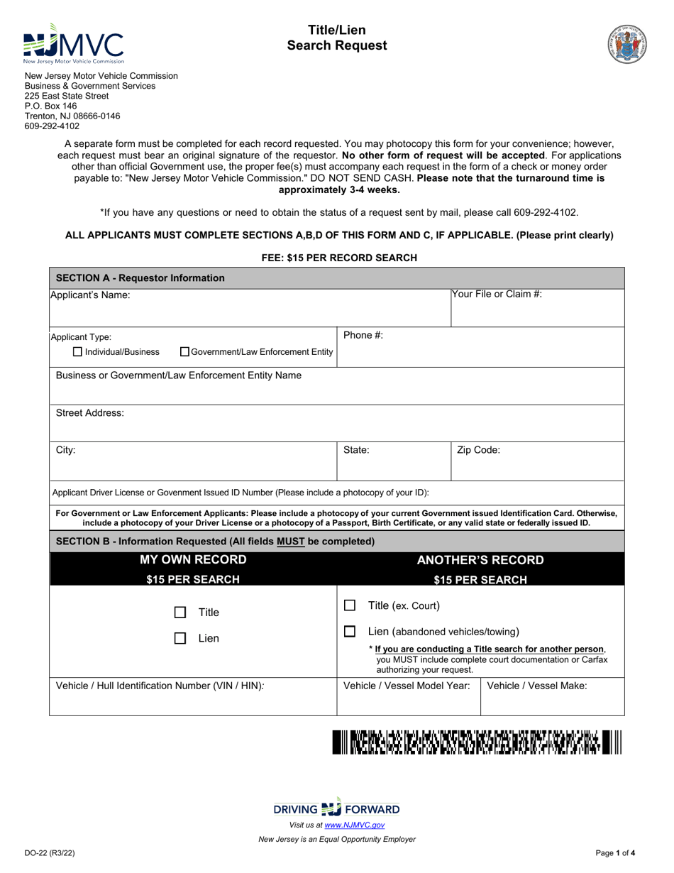 Form DO-22 Title / Lien Search Request - New Jersey, Page 1
