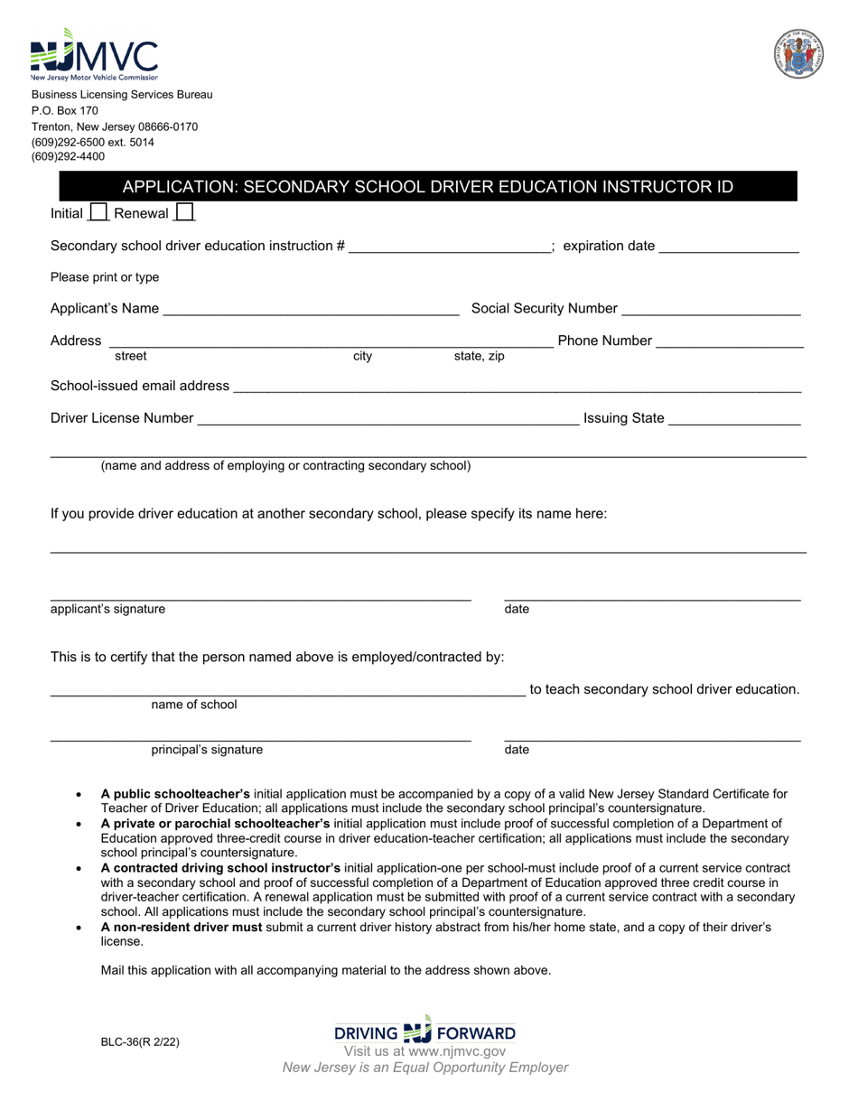 Form BLC-36 Application: Secondary School Driver Education Instructor Id - New Jersey, Page 1