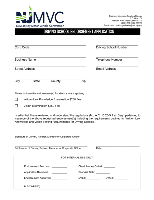 Form BLS-75 Driving School Endorsement Application - New Jersey