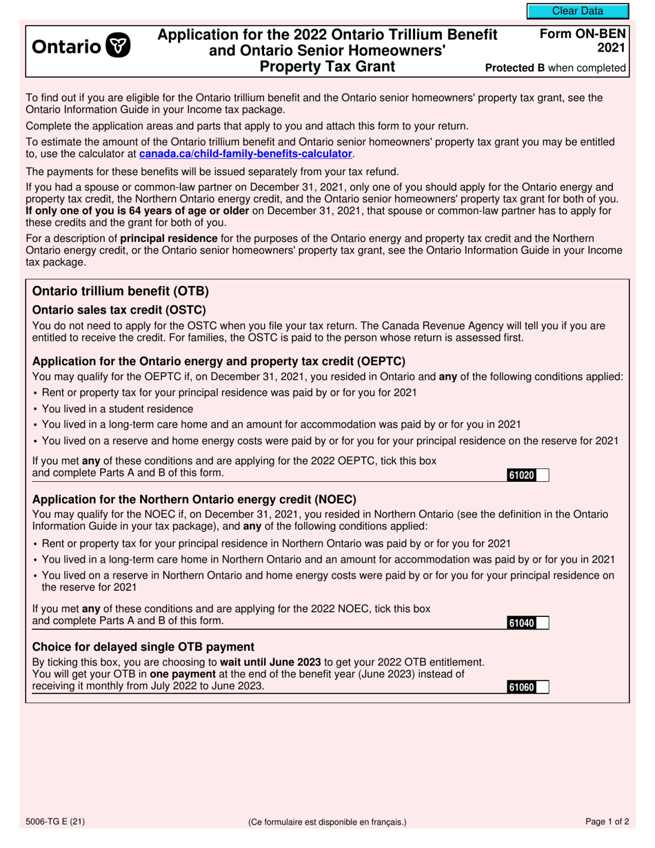 Form 5006-TG (ON-BEN) Application for the Ontario Trillium Benefit and Ontario Senior Homeowners Property Tax Grant - Canada, Page 1