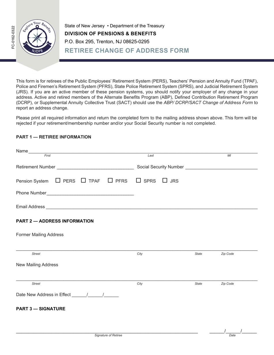 Form FC-0162 Retiree Change of Address Form - New Jersey, Page 1