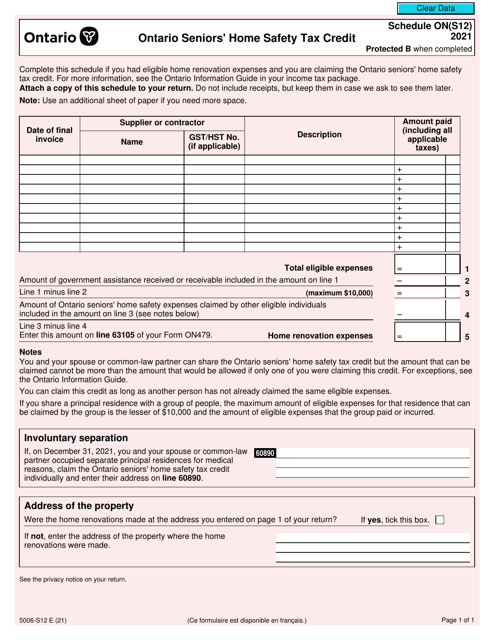 Form 5006-S12 Schedule ON(S12) Ontario Seniors' Home Safety Tax Credit - Canada, 2021