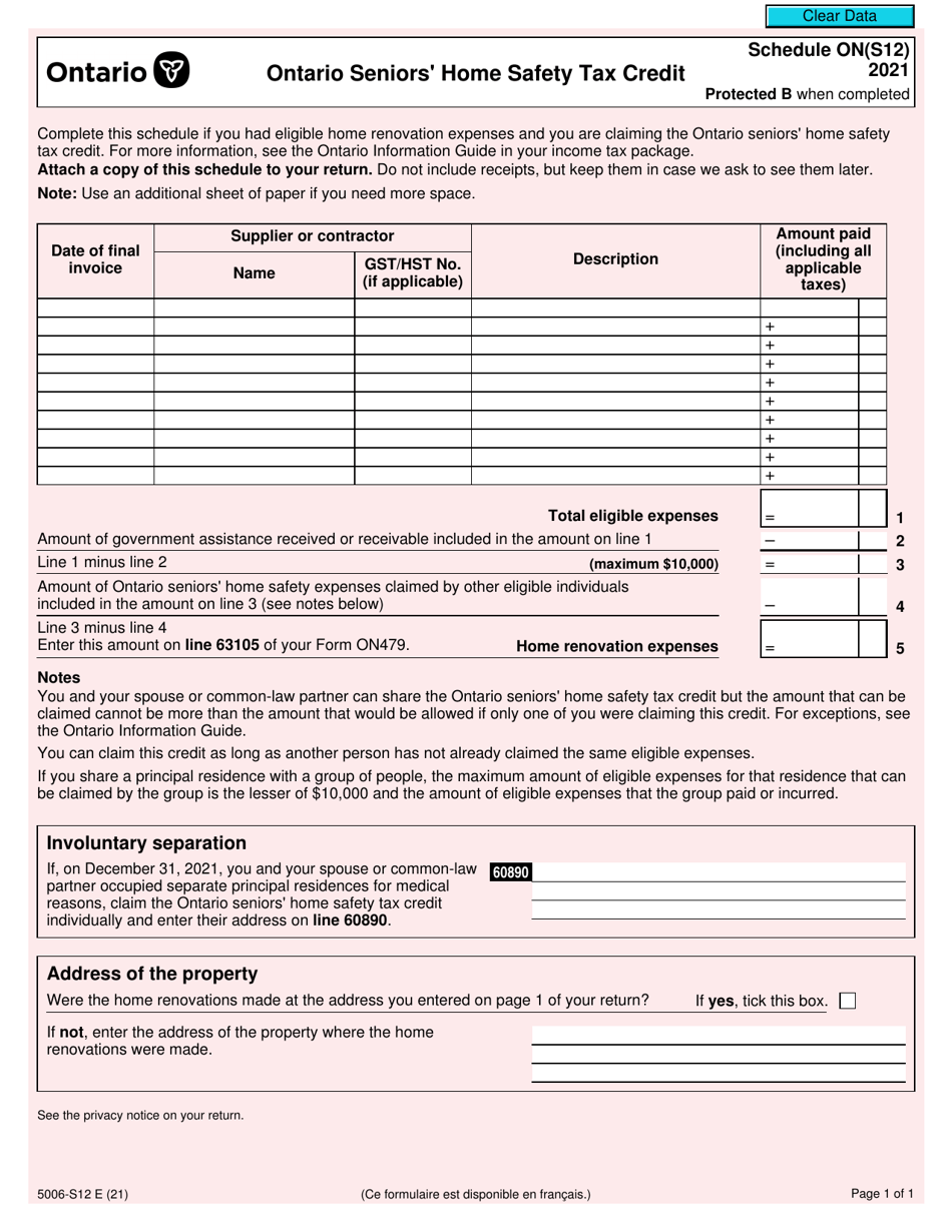 Form 5006-S12 Schedule ON(S12) Ontario Seniors Home Safety Tax Credit - Canada, Page 1