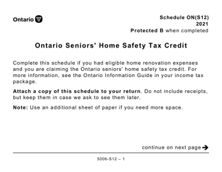 Document preview: Form 5006-S12 Schedule ON(S12) Ontario Seniors' Home Safety Tax Credit (Large Print) - Canada, 2021