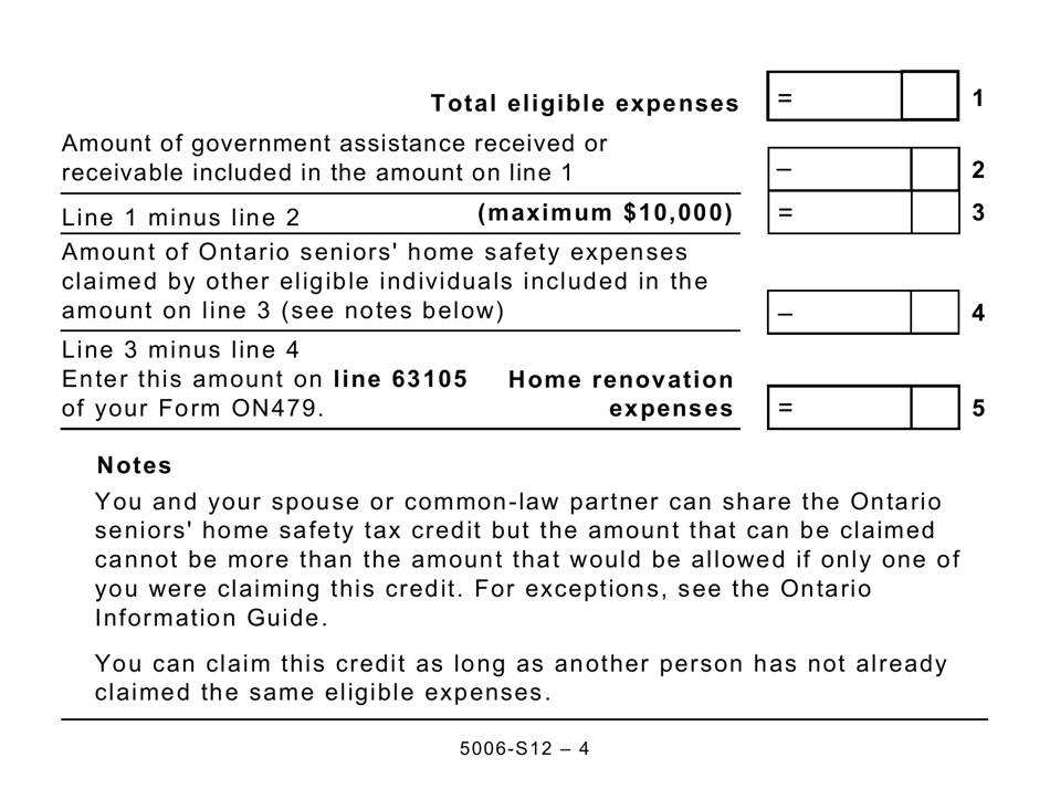 Form 5006-S12 Schedule ON(S12) Ontario Seniors Home Safety Tax Credit (Large Print) - Canada, Page 4