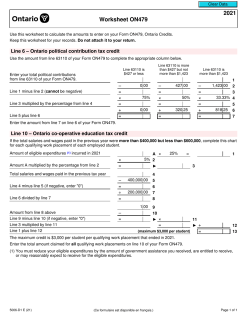 Form 5006-D1 Worksheet ON479 2021 Printable Pdf