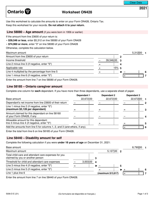 Form 5006-D Worksheet ON428 2021 Printable Pdf