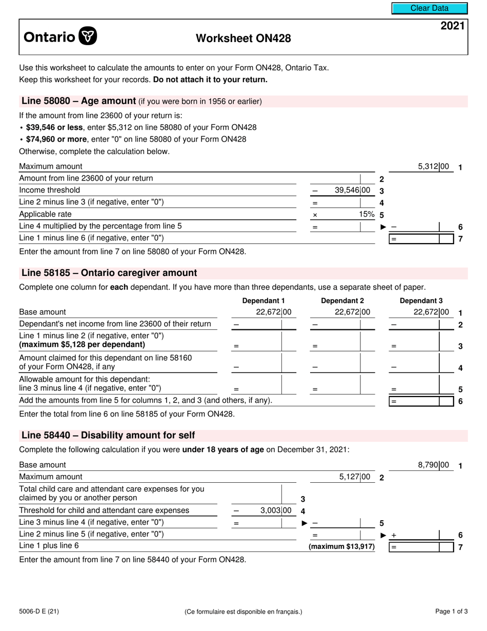 Form 5006-D Worksheet ON428 Ontario - Canada, Page 1