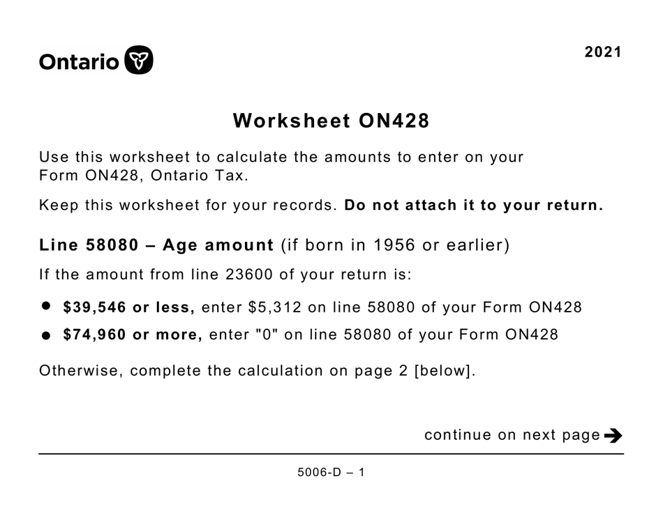 Form 5006-D Worksheet ON428 Ontario (Large Print) - Canada, Page 1