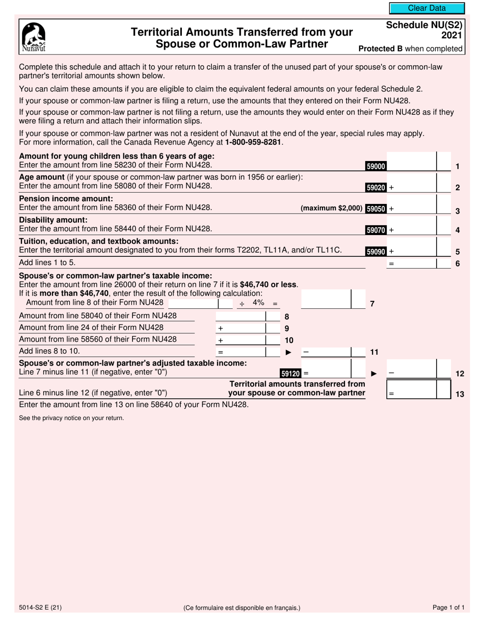 Form 5014-S2 Schedule NU(S2) Territorial Amounts Transferred From Your Spouse or Common-Law Partner - Canada, Page 1
