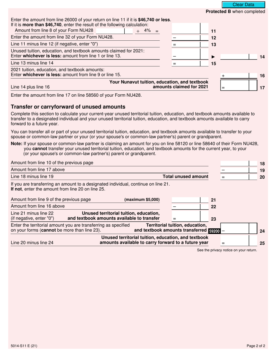 Form 5014-S11 Schedule NU(S11) Nunavut Tuition, Education, and Textbook Amounts - Canada, Page 2