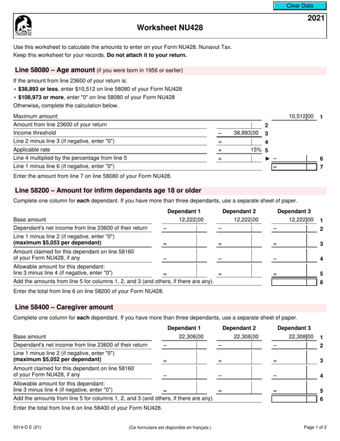 Form 5014-D Worksheet NU428 2021 Printable Pdf
