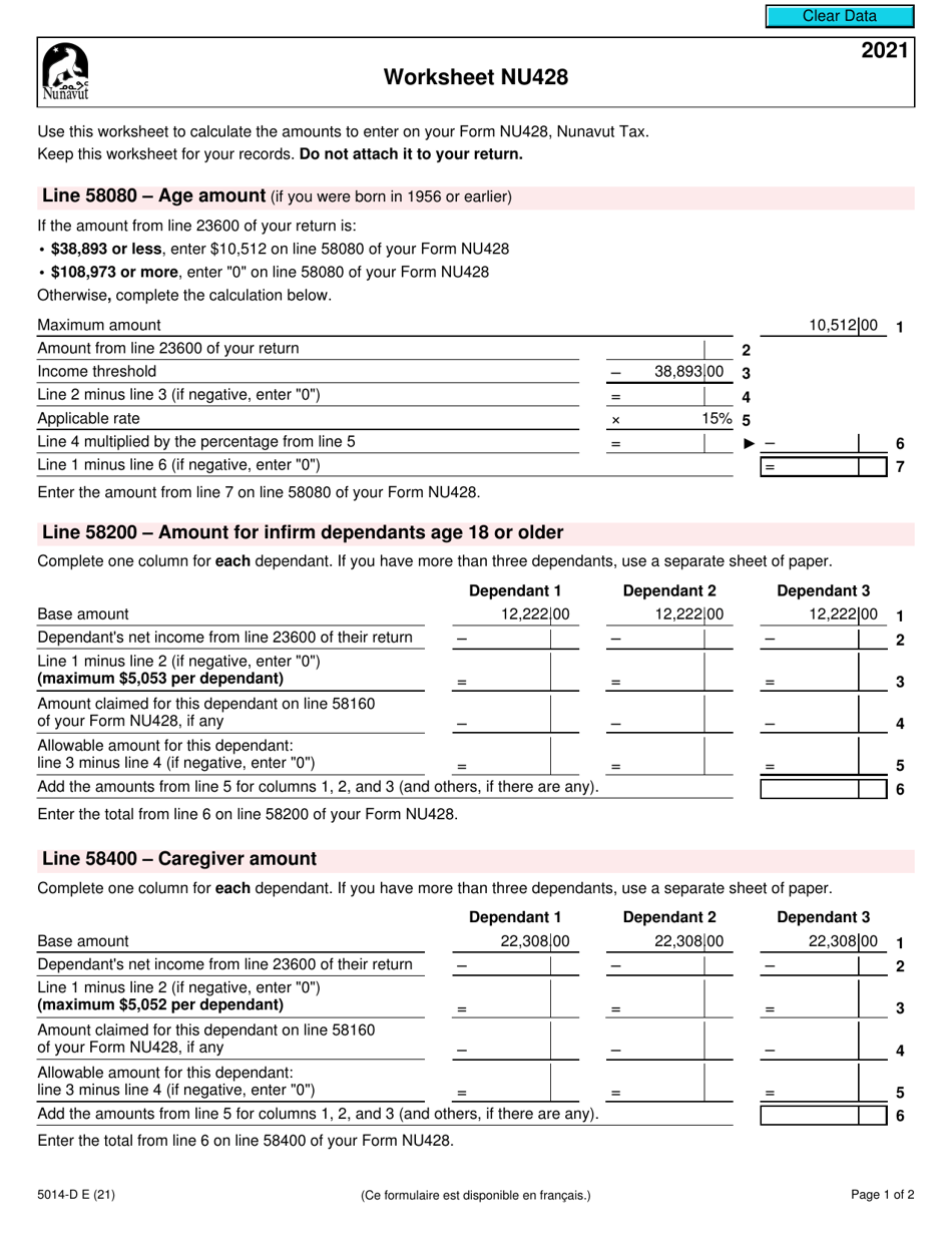 Form 5014-D Worksheet NU428 Nunavut - Canada, Page 1