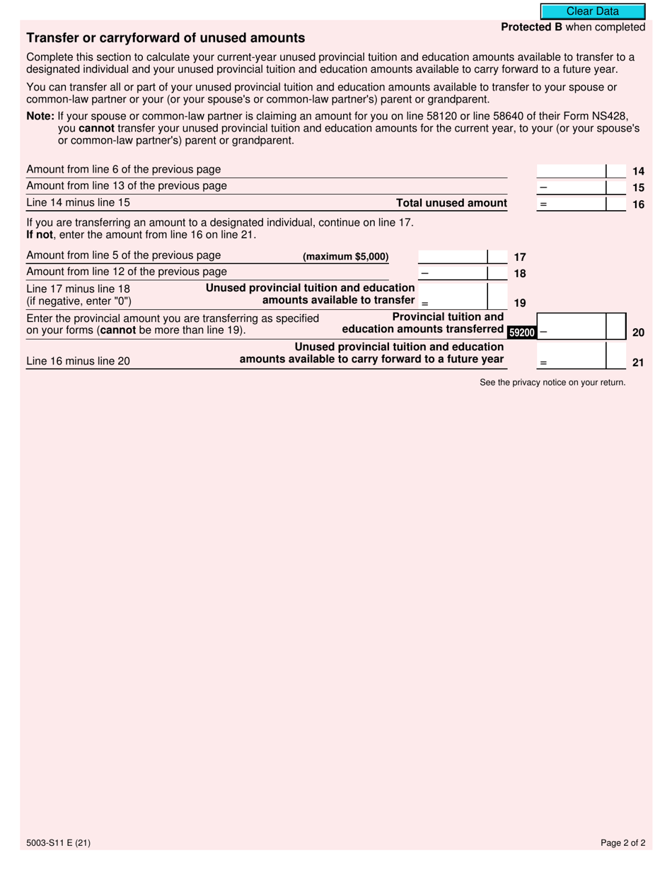 Form 5003-S11 Schedule NS(S11) Nova Scotia Tuition and Education Amounts - Canada, Page 2